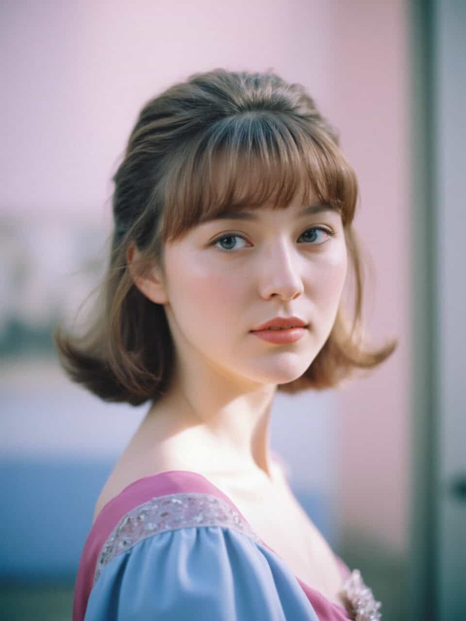 Gorgeous young woman with a heart-shaped face and short bob haircut with bangs.