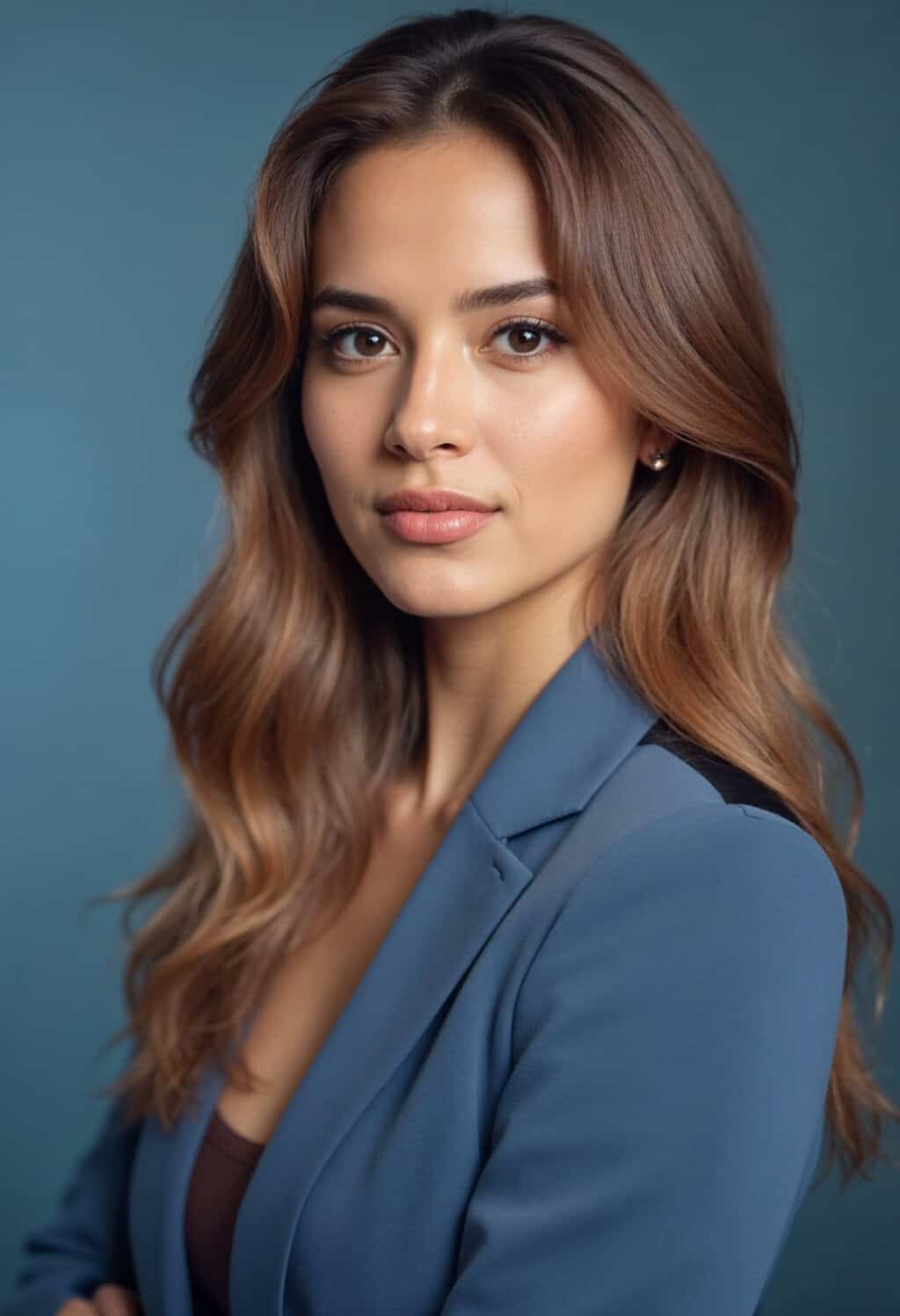 Confident woman with long-layered hair and an oval shaped face, wearing a blue blazer.