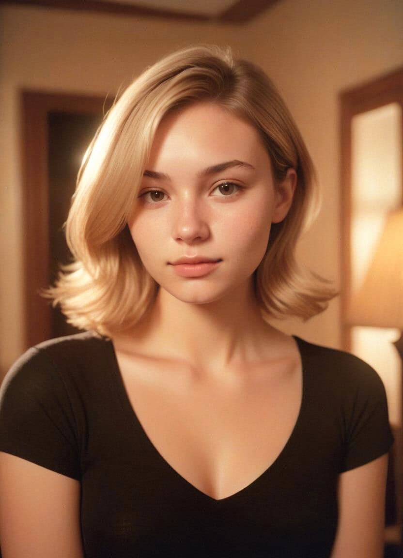 Beautiful young woman with a round face and short bob haircut.