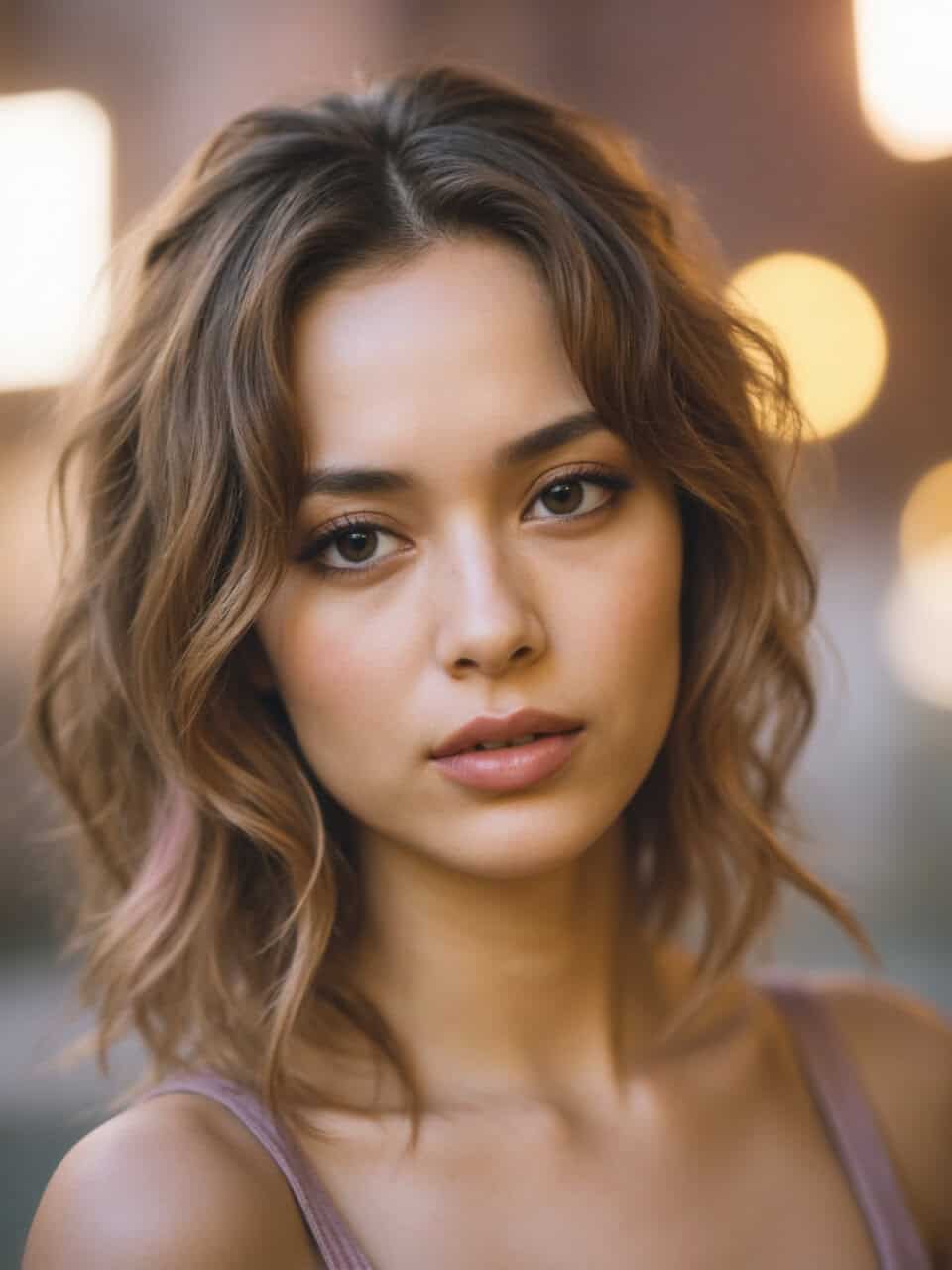 Beautiful young woman with a square-shaped face and short wavy haircut.
