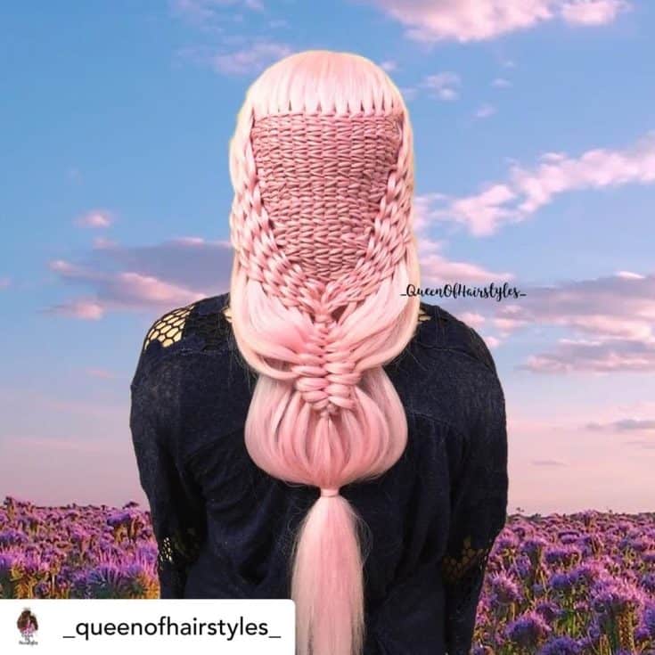 An elaborate pink braid hairstyle on a person against a colorful sky and lavender field background.