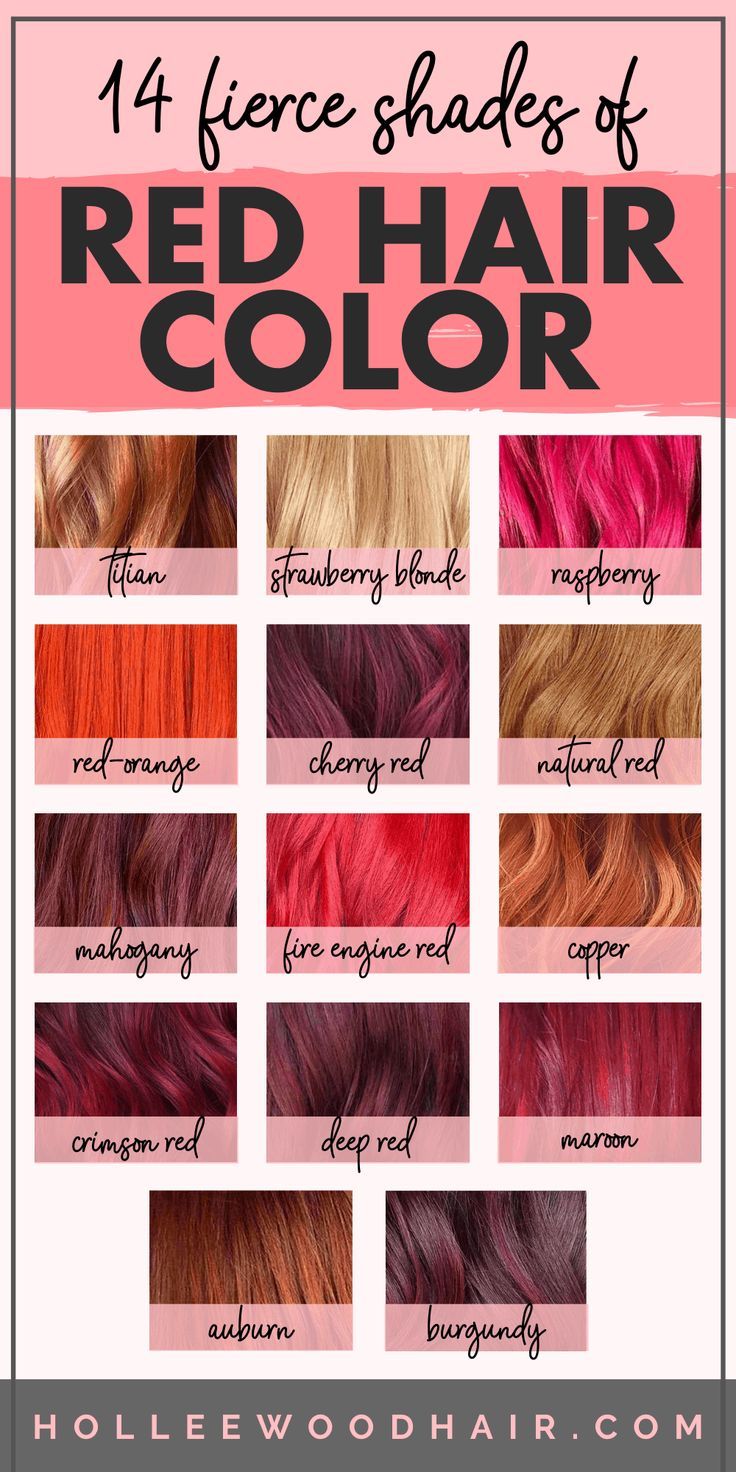 Shades of red hair color chart with names.