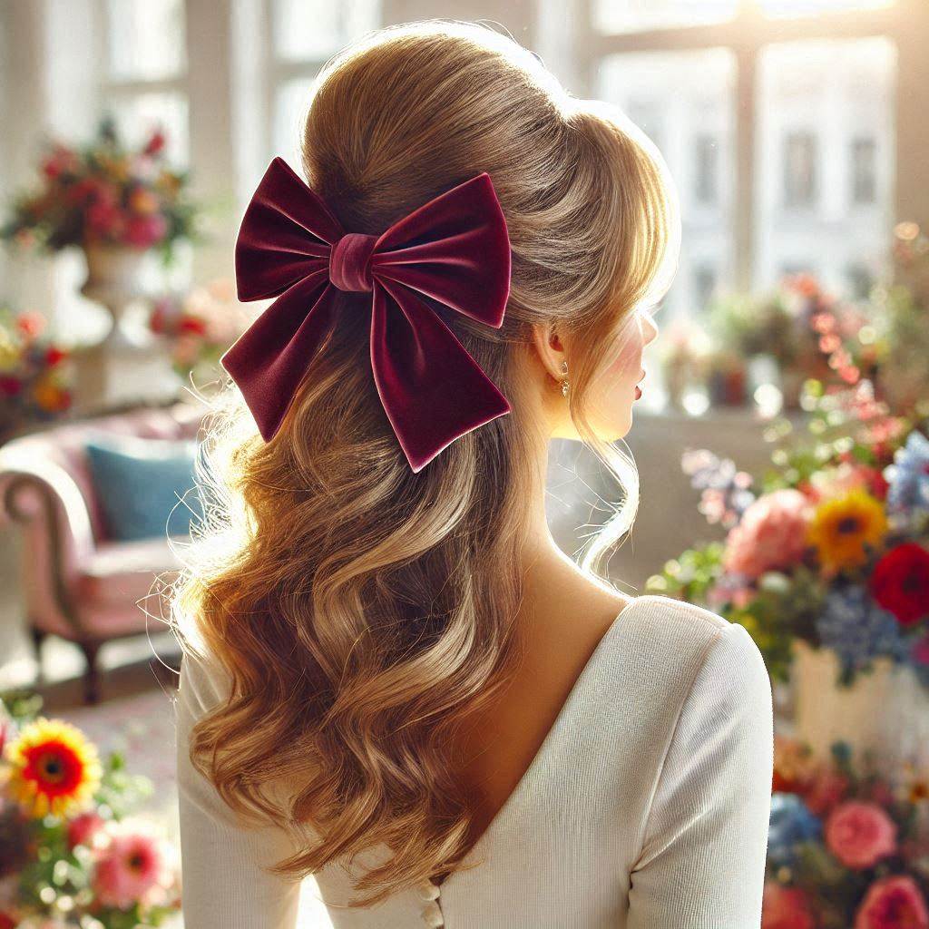 Woman with gorgeous half-up wavy hairstyle and a velvet bow.