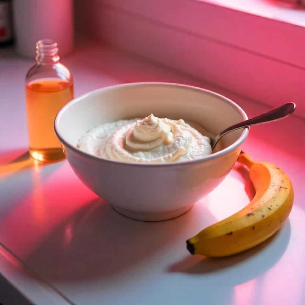 DIY hair mask in a mixing bowl on a kitchen counter with a banana and honey next to it.
