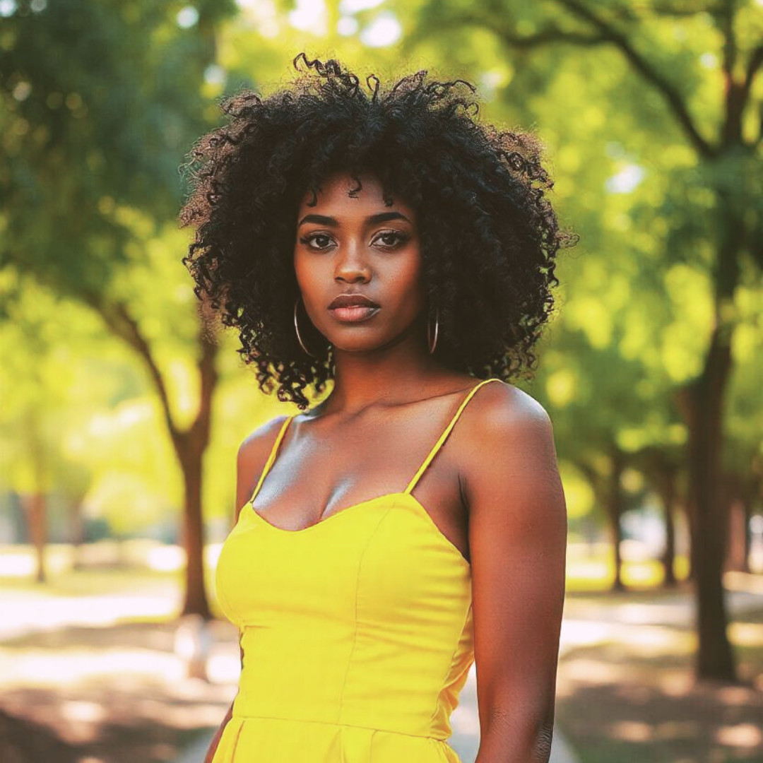 Gorgeous woman with naturally curly black hair, wearing a bright yellow dress, standing in a sunlit park with green trees in the background.