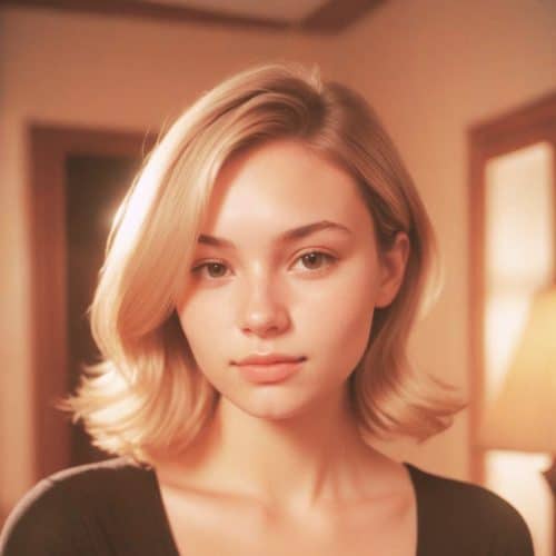 Beautiful young woman with a round face and short bob haircut.