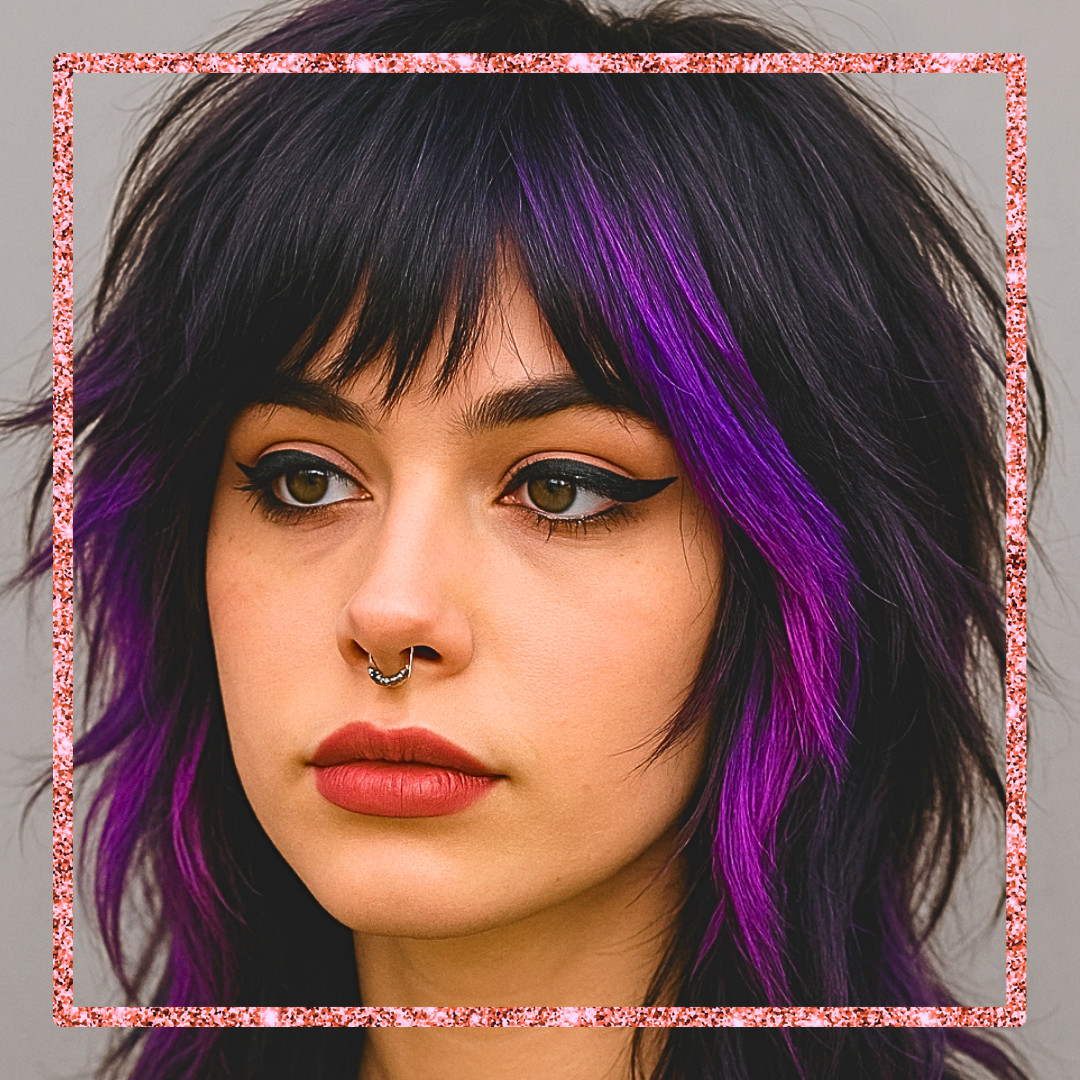 Woman with black and purple layered shag haircut and choppy bangs, wearing winged eyeliner and a septum ring, framed in pink glitter border.