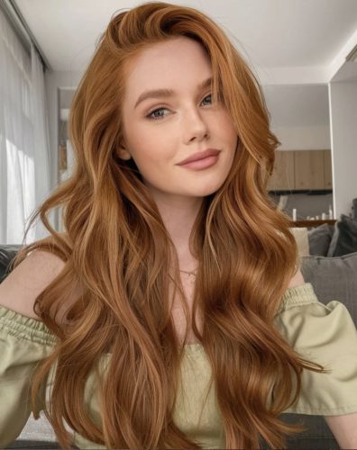 A woman with long, wavy copper-red hair posing indoors. She has fair skin, soft natural makeup, and is wearing an off-the-shoulder light green top. Her hair is styled in loose, glossy waves, and she is sitting in a bright, modern living room.